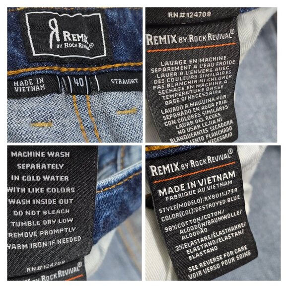 Rock Revival Remix Mens Blue Distressed Denim Straight Jeans Side Slit Hem Sz 40 - Picture 8 of 11